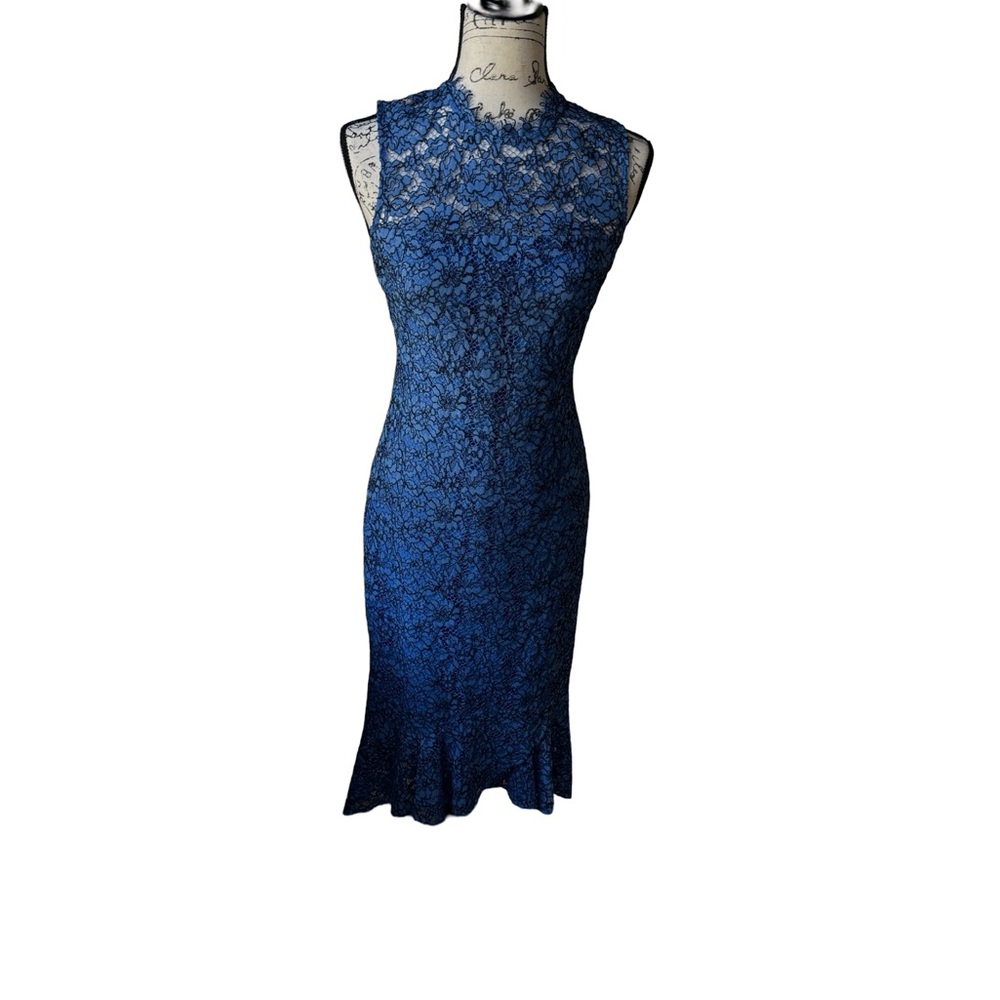 Shoshannah Calista Trumpet Rich Blue Lace Sheath Romantic Dress Size 4 - Picture 2 of 12